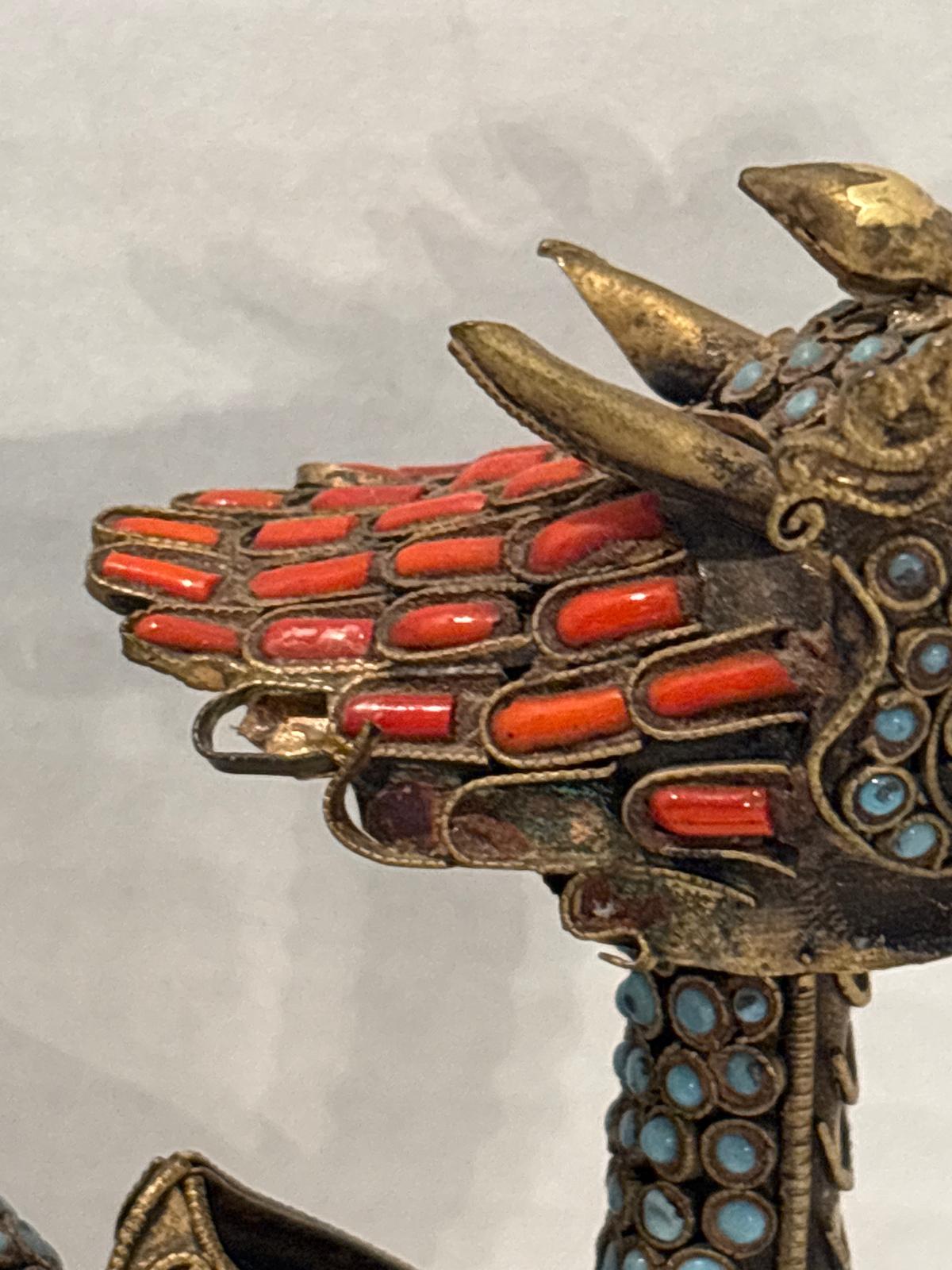 Group of Mid-Century Chinese Filigree Mythological Creatures Including a Turquoise & Coral Dragon, Tiger, and Pair of Guardian Beasts
