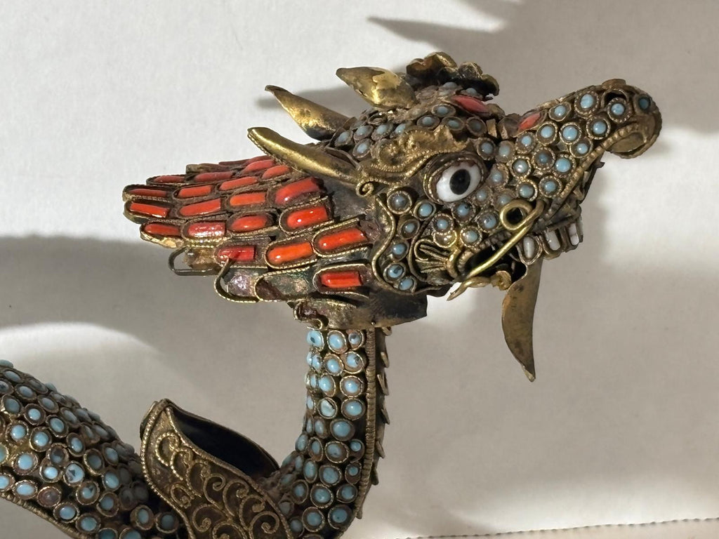 Group of Mid-Century Chinese Filigree Mythological Creatures Including a Turquoise & Coral Dragon, Tiger, and Pair of Guardian Beasts