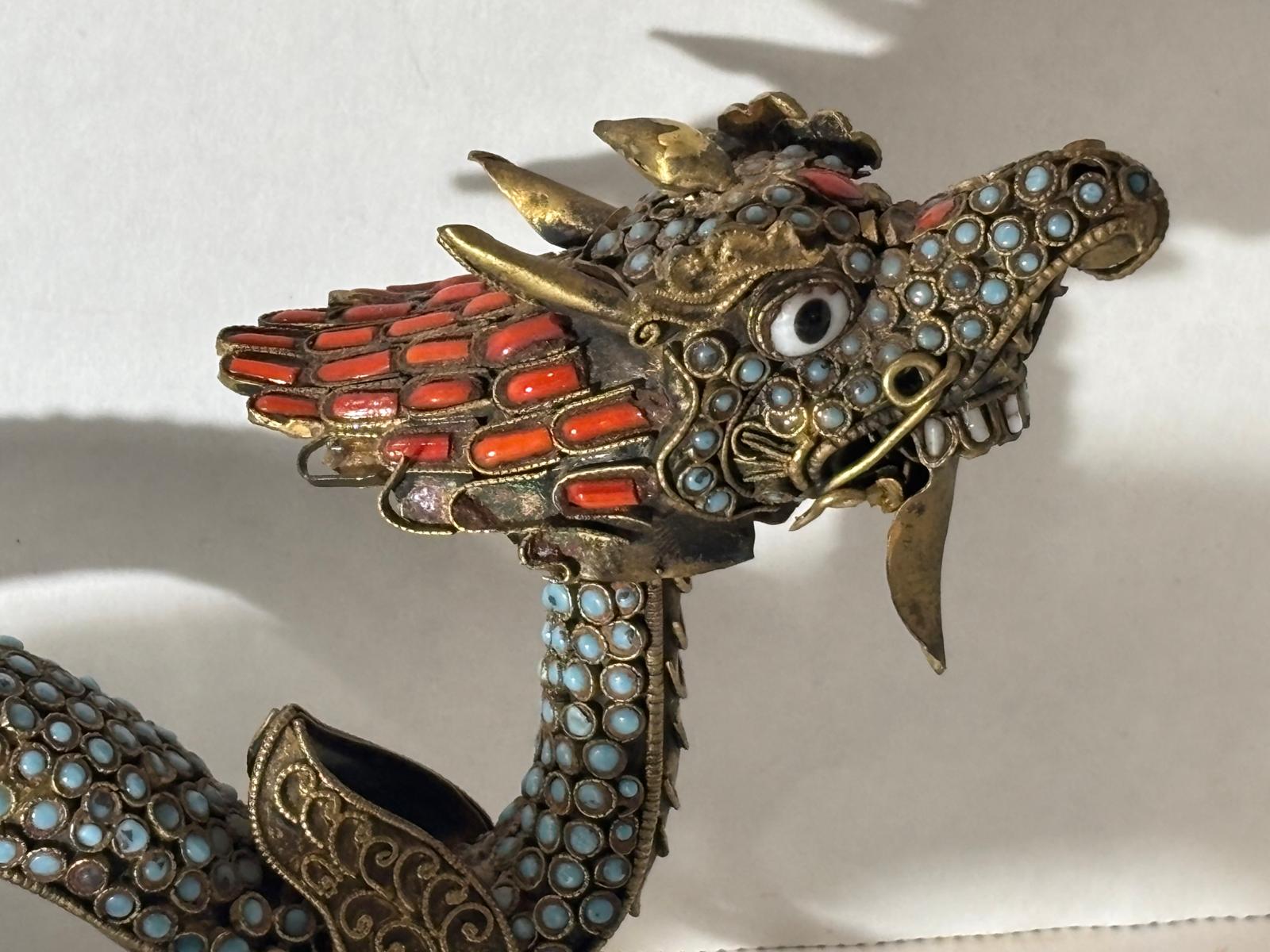 Group of Mid-Century Chinese Filigree Mythological Creatures Including a Turquoise & Coral Dragon, Tiger, and Pair of Guardian Beasts