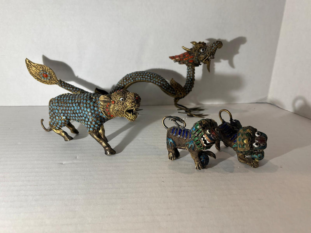 Group of Mid-Century Chinese Filigree Mythological Creatures Including a Turquoise & Coral Dragon, Tiger, and Pair of Guardian Beasts