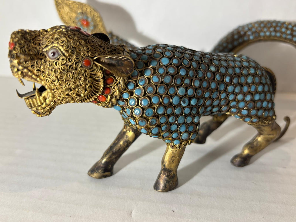 Group of Mid-Century Chinese Filigree Mythological Creatures Including a Turquoise & Coral Dragon, Tiger, and Pair of Guardian Beasts