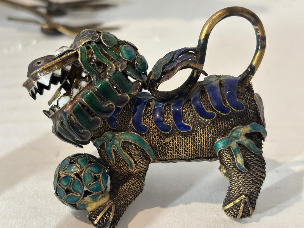 Group of Mid-Century Chinese Filigree Mythological Creatures Including a Turquoise & Coral Dragon, Tiger, and Pair of Guardian Beasts