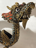 Group of Mid-Century Chinese Filigree Mythological Creatures Including a Turquoise & Coral Dragon, Tiger, and Pair of Guardian Beasts