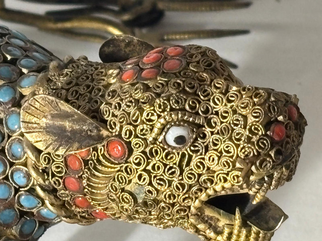 Group of Mid-Century Chinese Filigree Mythological Creatures Including a Turquoise & Coral Dragon, Tiger, and Pair of Guardian Beasts