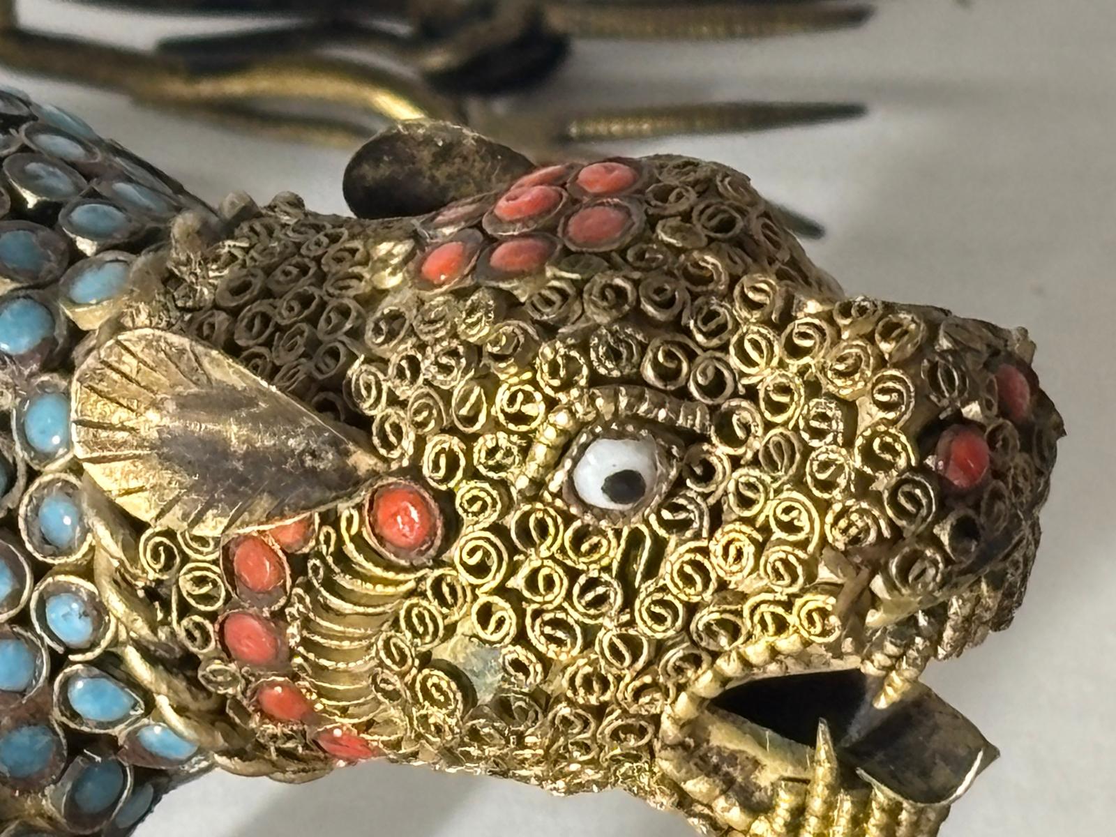 Group of Mid-Century Chinese Filigree Mythological Creatures Including a Turquoise & Coral Dragon, Tiger, and Pair of Guardian Beasts
