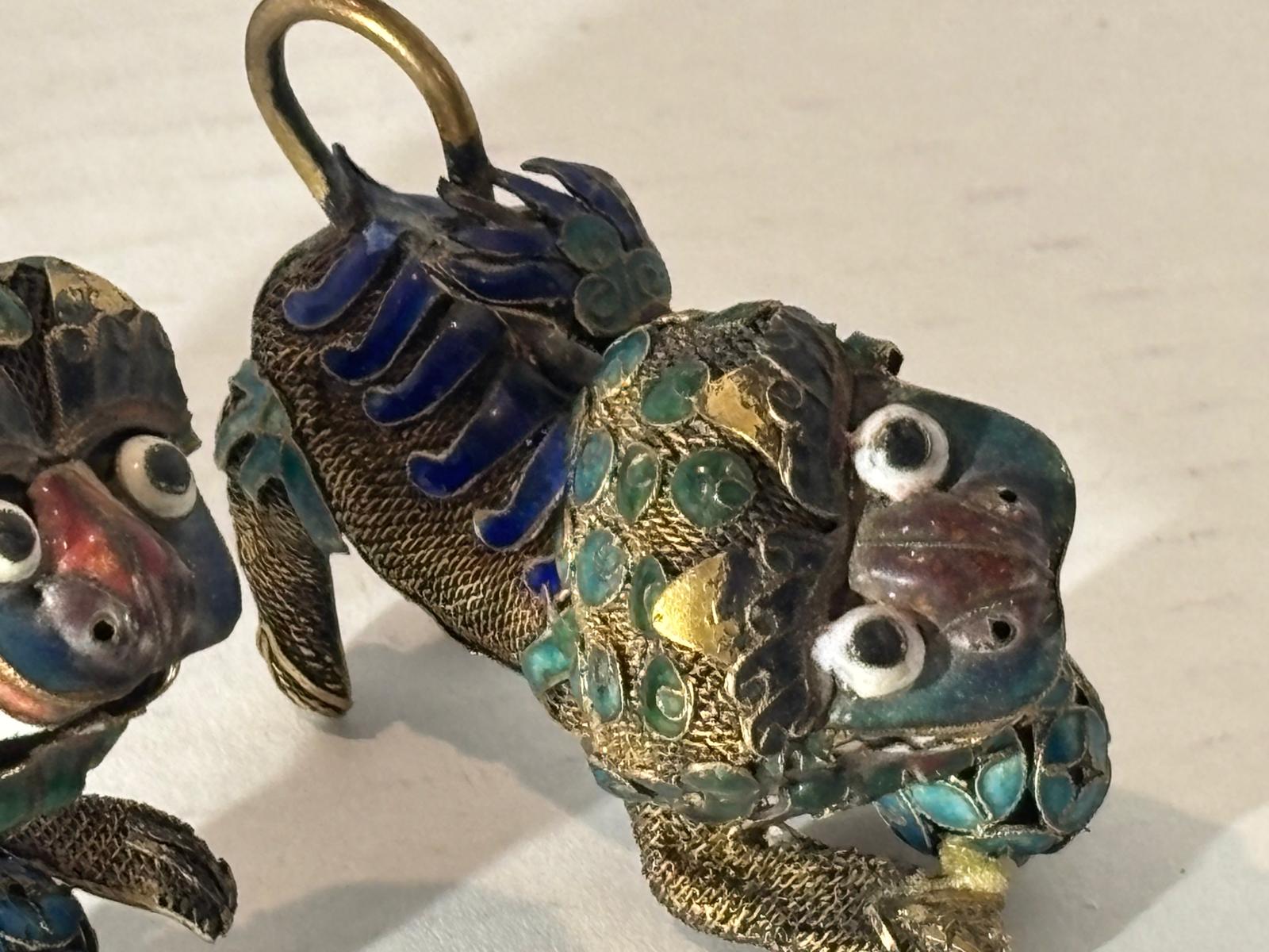 Group of Mid-Century Chinese Filigree Mythological Creatures Including a Turquoise & Coral Dragon, Tiger, and Pair of Guardian Beasts