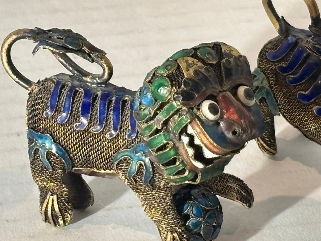 Group of Mid-Century Chinese Filigree Mythological Creatures Including a Turquoise & Coral Dragon, Tiger, and Pair of Guardian Beasts