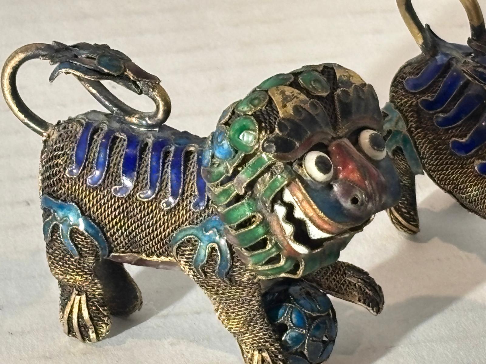 Group of Mid-Century Chinese Filigree Mythological Creatures Including a Turquoise & Coral Dragon, Tiger, and Pair of Guardian Beasts