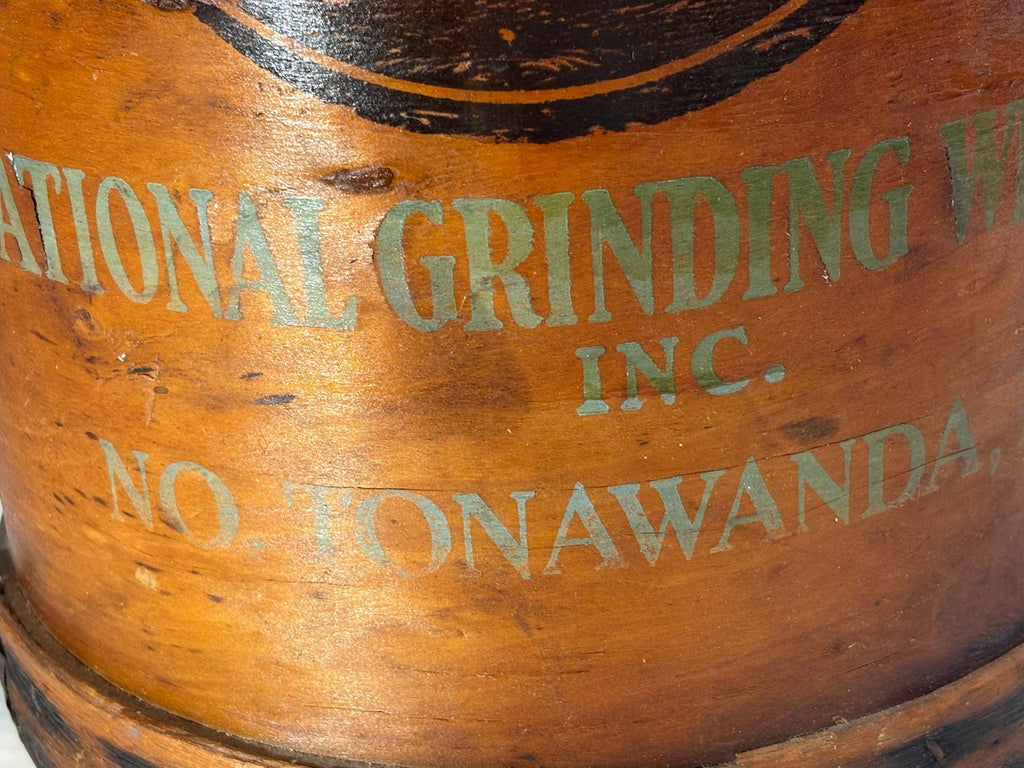 Early 20th century industrial advertising storage container for the National Grinding Wheel Co. of Tonawanda, New York.