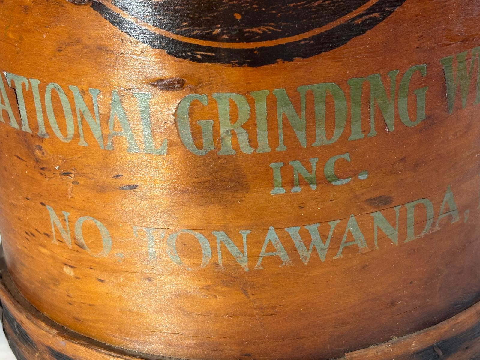 Early 20th century industrial advertising storage container for the National Grinding Wheel Co. of Tonawanda, New York.