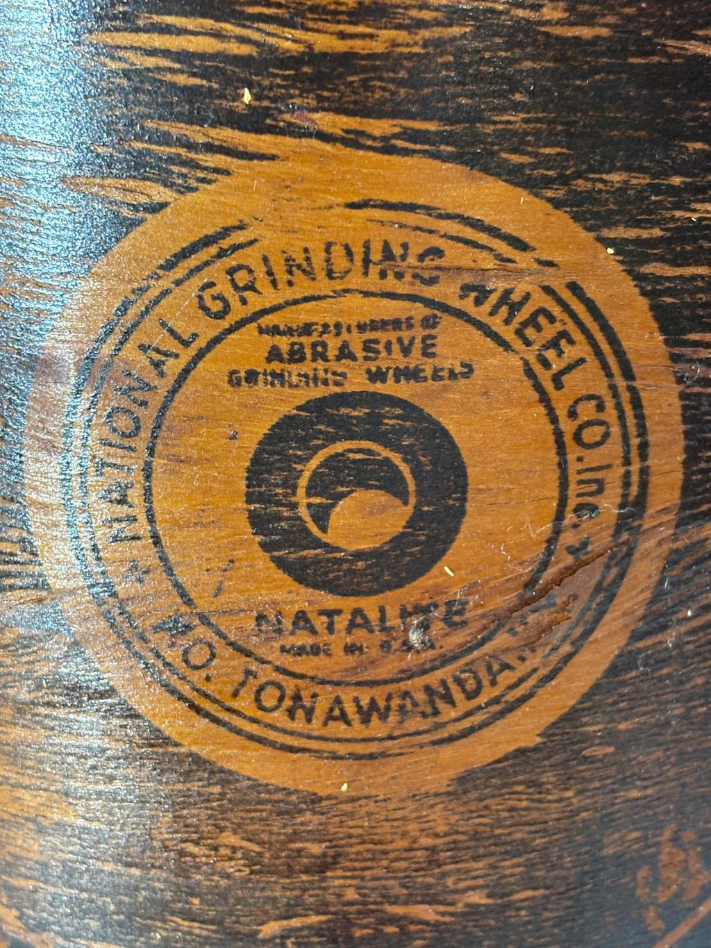 Early 20th century industrial advertising storage container for the National Grinding Wheel Co. of Tonawanda, New York.