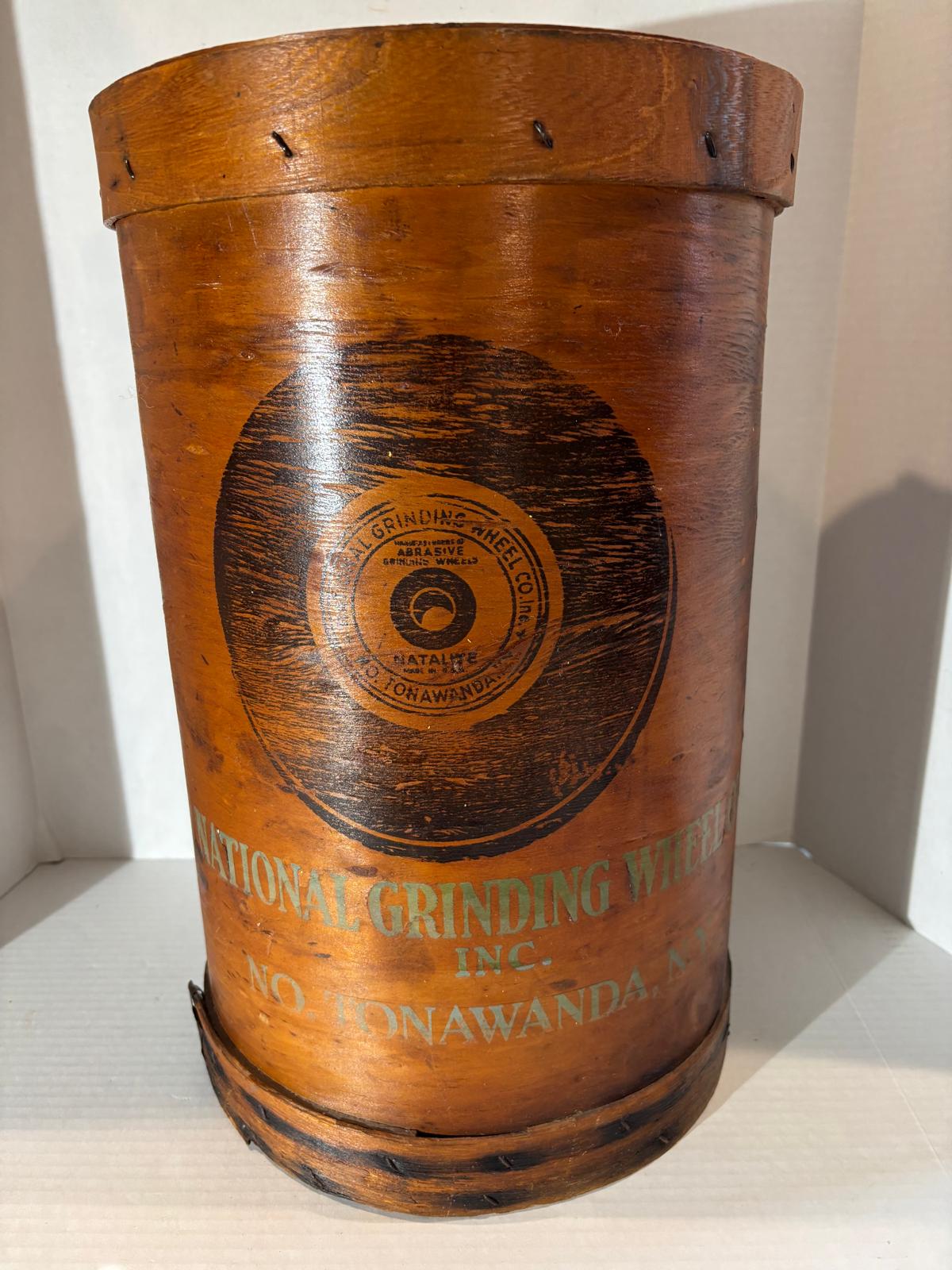 Early 20th century industrial advertising storage container for the National Grinding Wheel Co. of Tonawanda, New York.