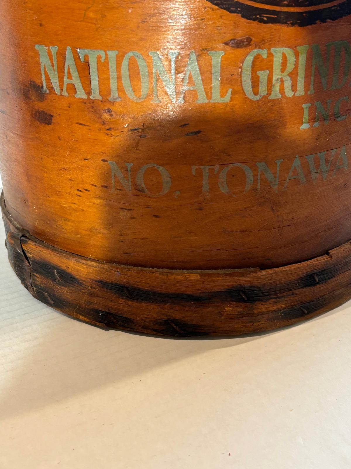 Early 20th century industrial advertising storage container for the National Grinding Wheel Co. of Tonawanda, New York.