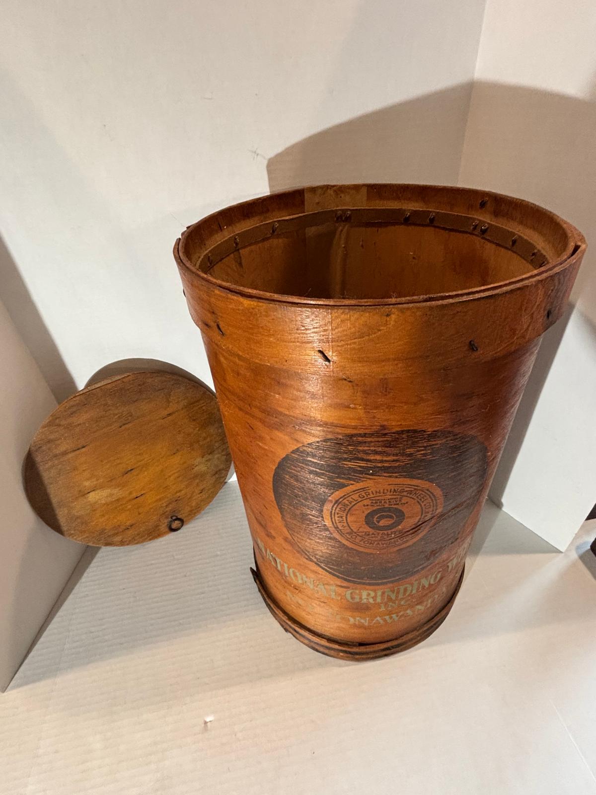 Early 20th century industrial advertising storage container for the National Grinding Wheel Co. of Tonawanda, New York.
