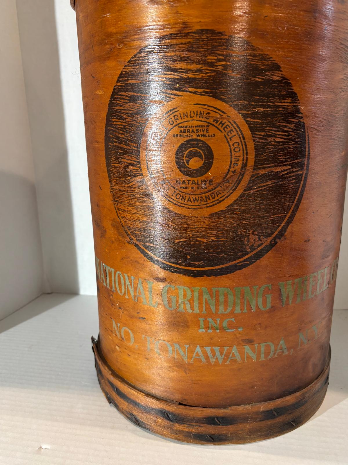 Early 20th century industrial advertising storage container for the National Grinding Wheel Co. of Tonawanda, New York.