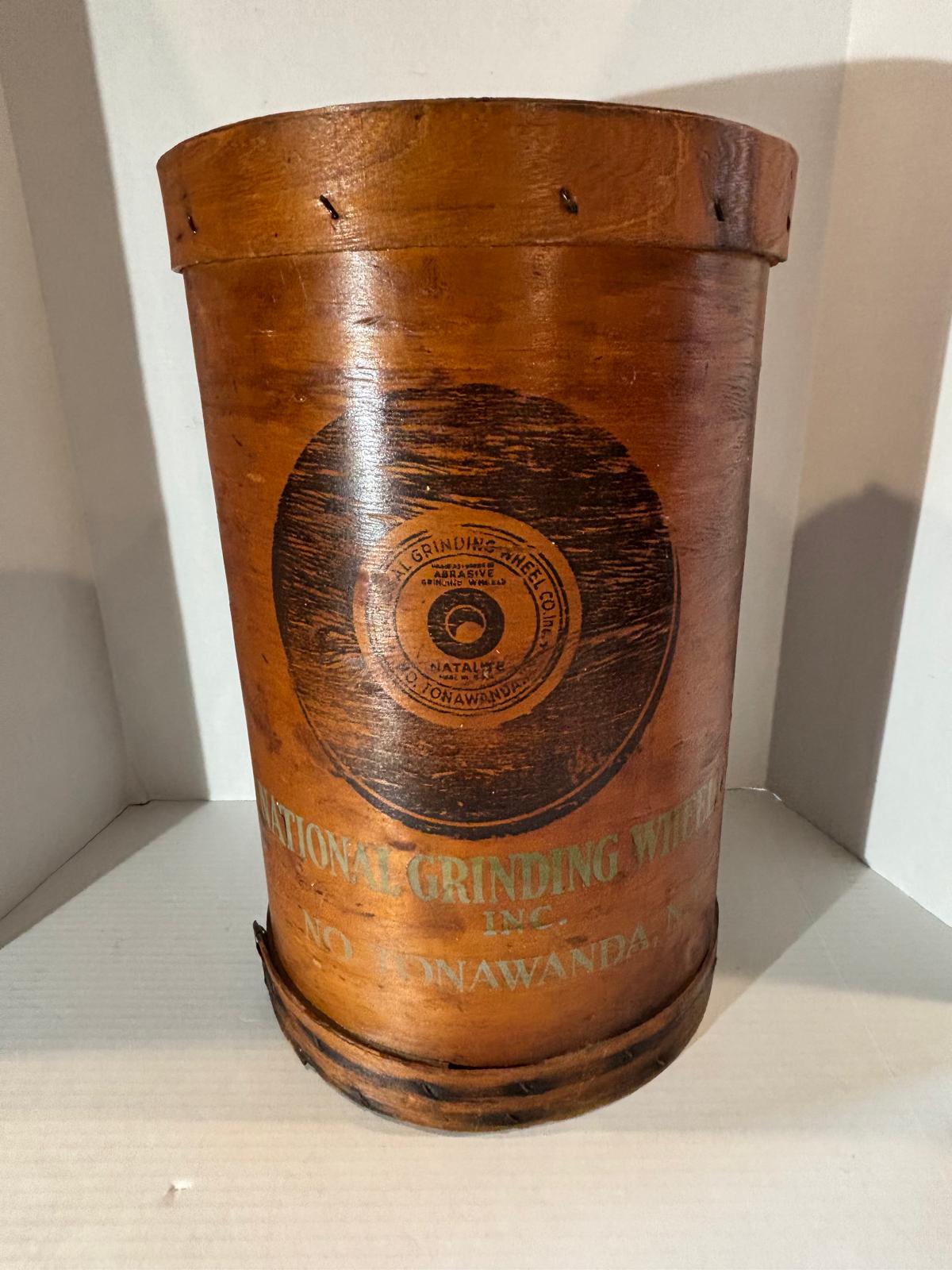 Early 20th century industrial advertising storage container for the National Grinding Wheel Co. of Tonawanda, New York.