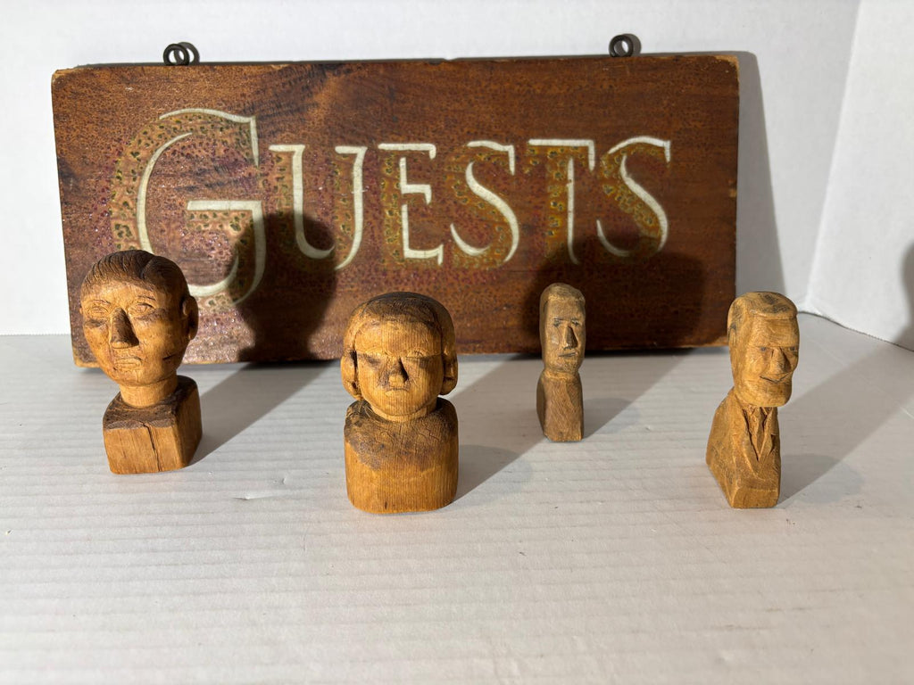 “GUESTS” Sign with Three Gentleman Carvings and Lady Bust American Folk Art, circa 1890–1940