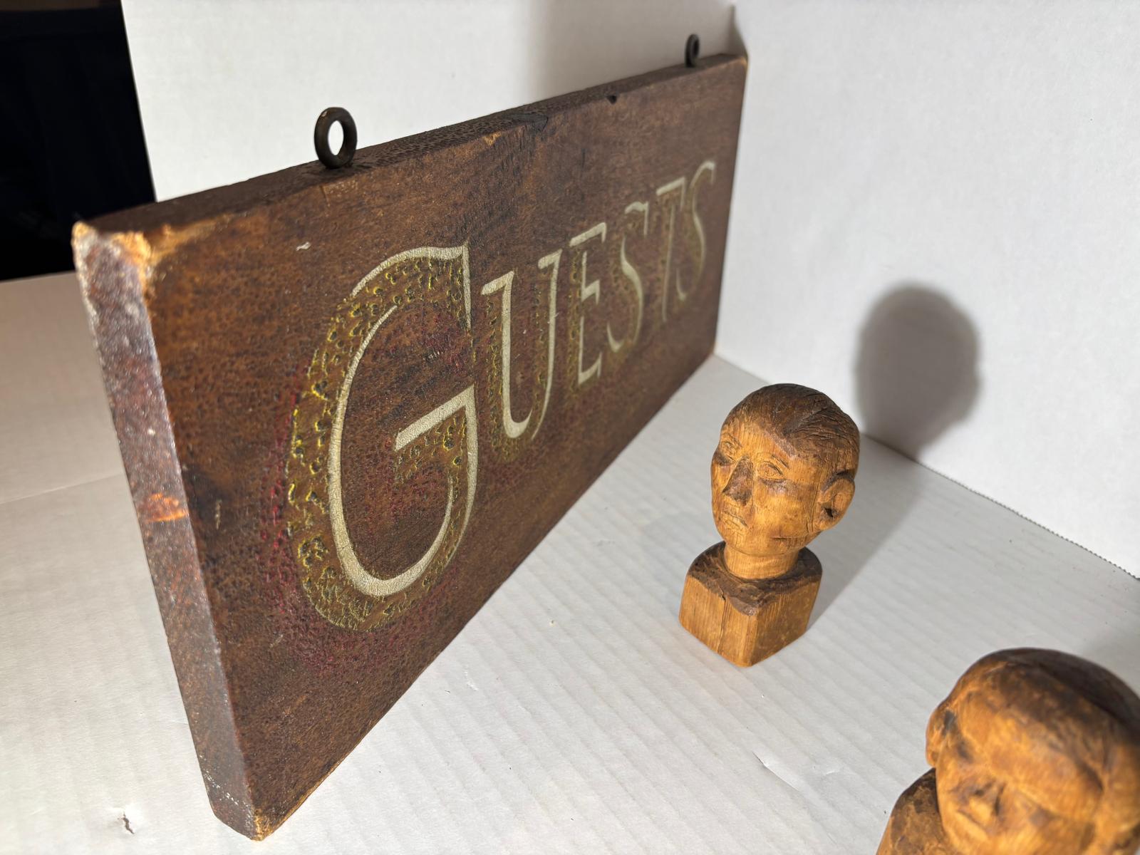 “GUESTS” Sign with Three Gentleman Carvings and Lady Bust American Folk Art, circa 1890–1940