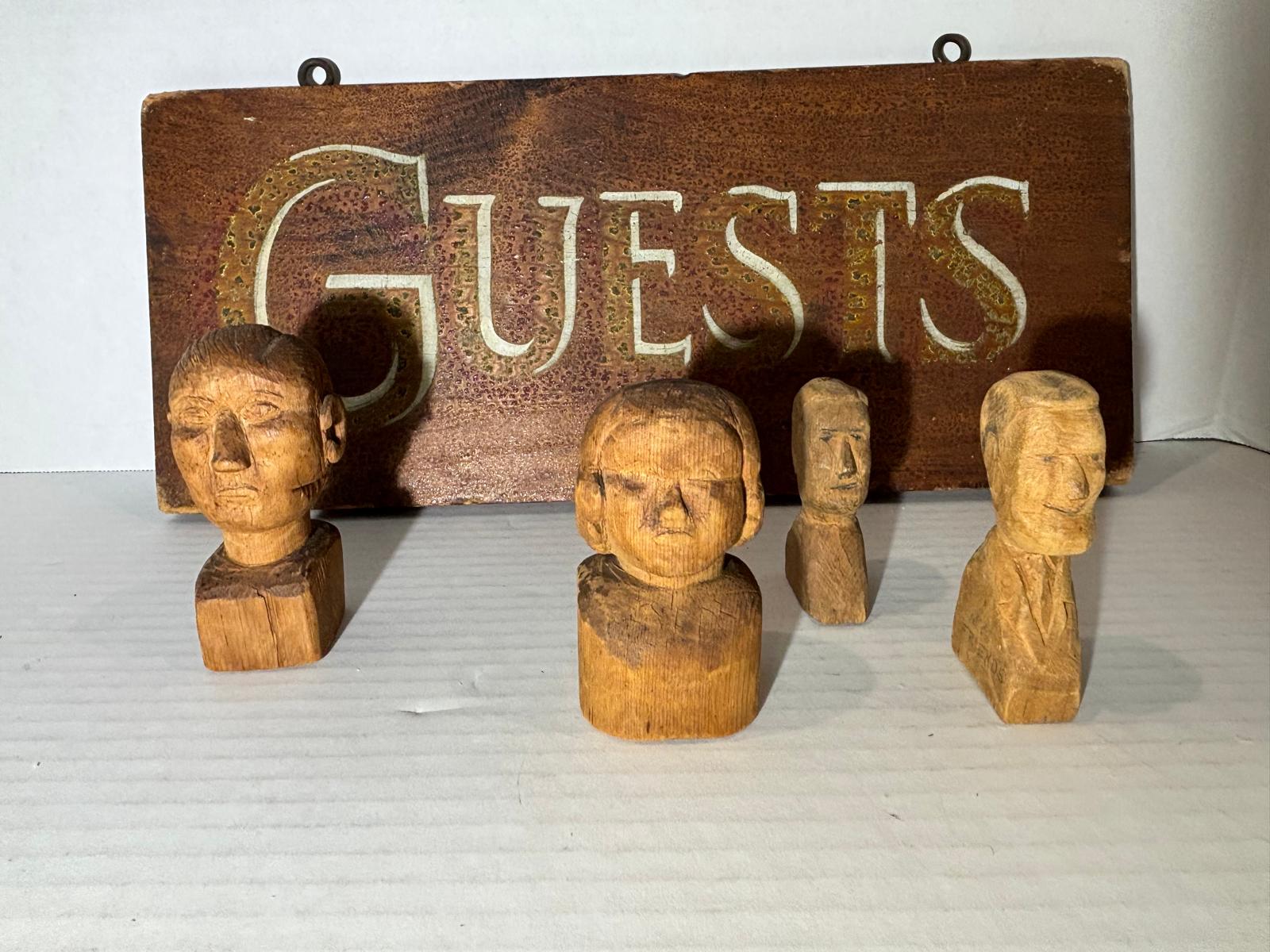 “GUESTS” Sign with Three Gentleman Carvings and Lady Bust American Folk Art, circa 1890–1940
