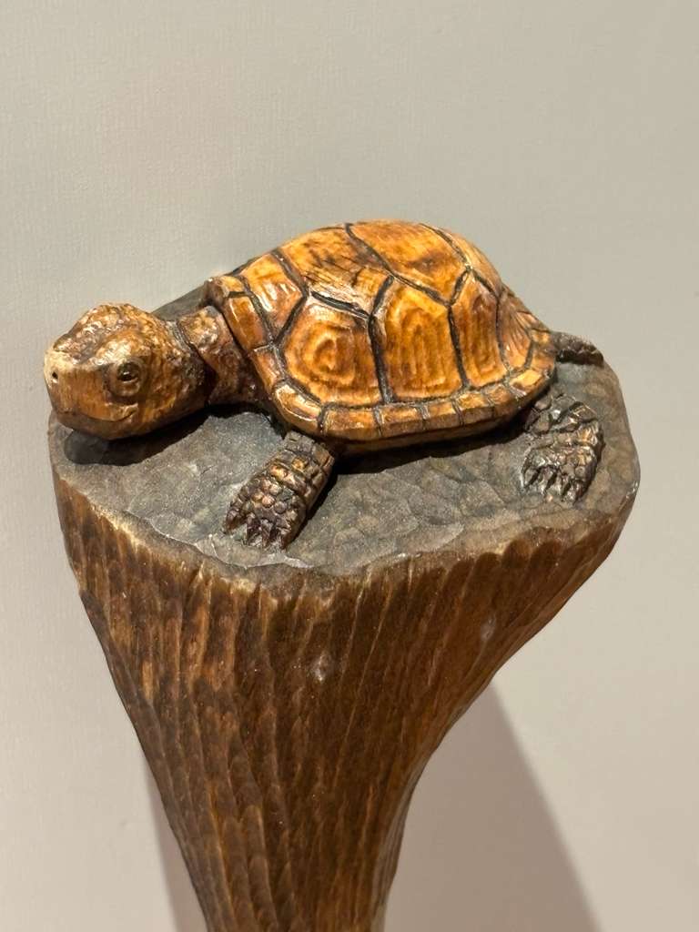 Carved Turtle Walking Stick with Mushroom Mark  American Folk Art, Mid-20th Century