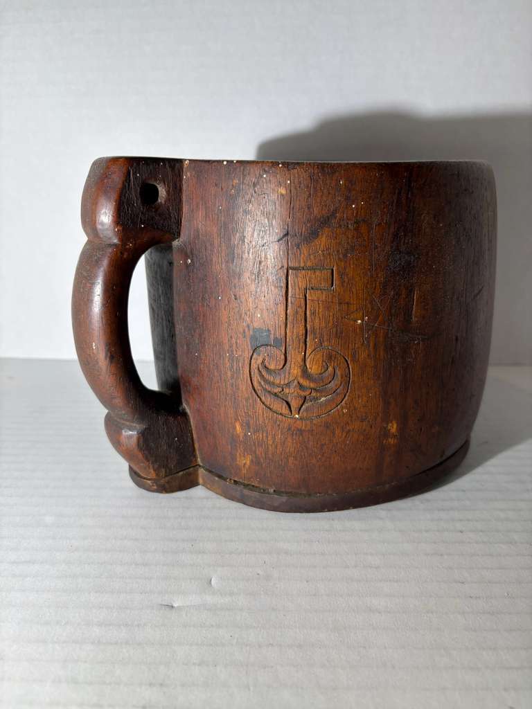 Large Scandinavian Folk Art Wooden Ale Tankard, Likely Norwegian, 18th/Early 19th Century