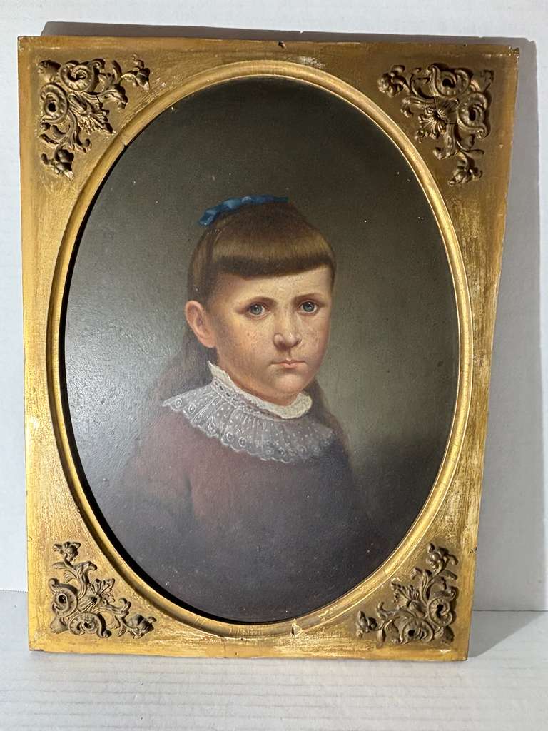 Late 19th Century American Folk Portrait of Young Girl with Blue Ribbon Oil on artist board, American, circa 1880–1895.