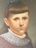 Late 19th Century American Folk Portrait of Young Girl with Blue Ribbon Oil on artist board, American, circa 1880–1895.