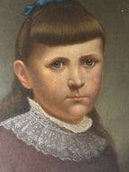 Late 19th Century American Folk Portrait of Young Girl with Blue Ribbon Oil on artist board, American, circa 1880–1895.