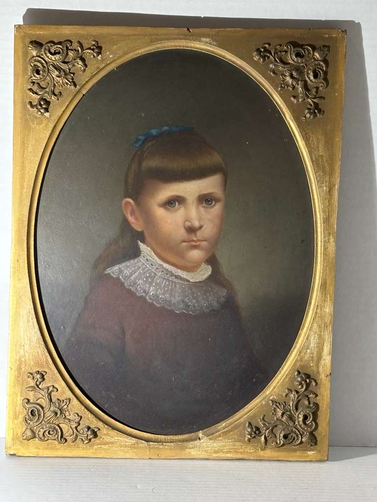 Late 19th Century American Folk Portrait of Young Girl with Blue Ribbon Oil on artist board, American, circa 1880–1895.