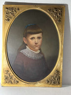 Late 19th Century American Folk Portrait of Young Girl with Blue Ribbon Oil on artist board, American, circa 1880–1895.