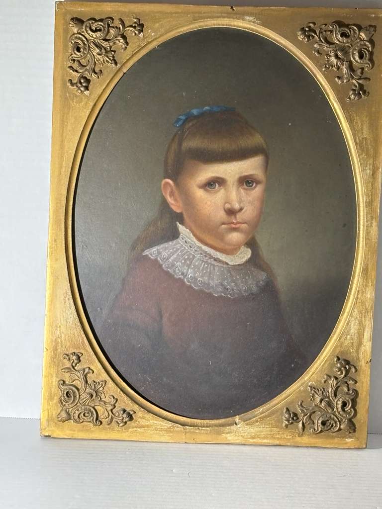 Late 19th Century American Folk Portrait of Young Girl with Blue Ribbon Oil on artist board, American, circa 1880–1895.