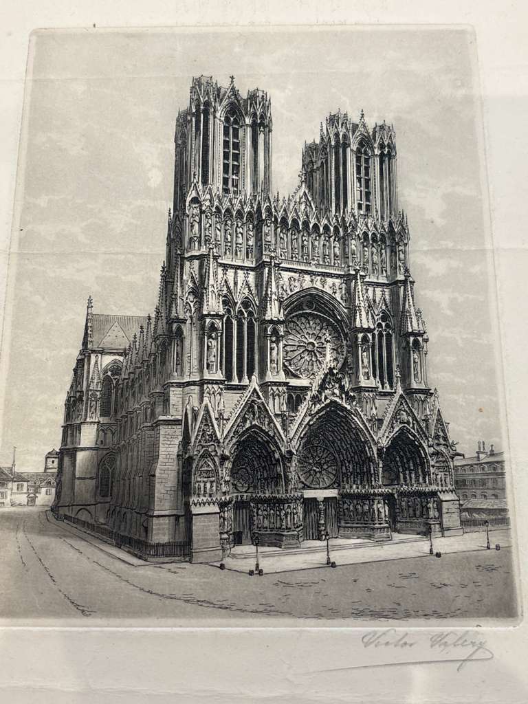 Victor Valery Lochelongue / Victor Valery (1870–1930) A Scholarly Pair of Monumental French Gothic & Parisian Architectural Etchings Including “Cathédrale de Reims” and “Paris – Le Pont de l’Archevêché” Circa 1905–1925