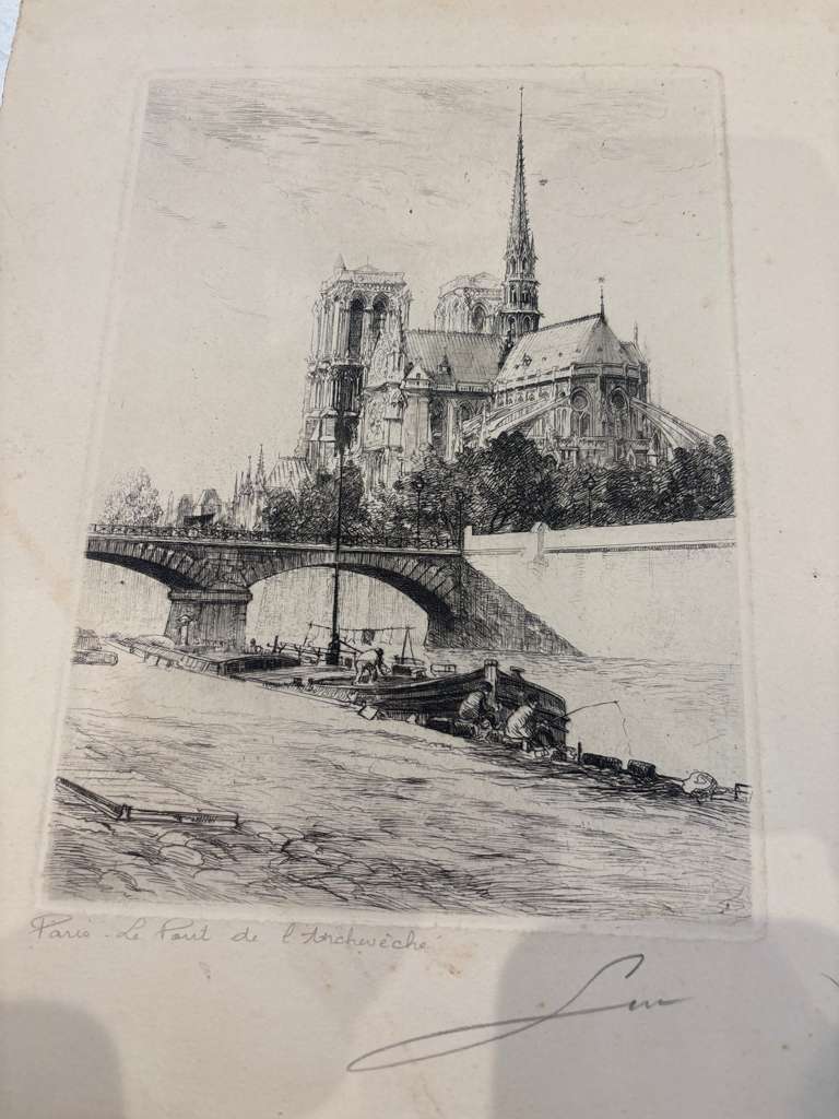 Victor Valery Lochelongue / Victor Valery (1870–1930) A Scholarly Pair of Monumental French Gothic & Parisian Architectural Etchings Including “Cathédrale de Reims” and “Paris – Le Pont de l’Archevêché” Circa 1905–1925