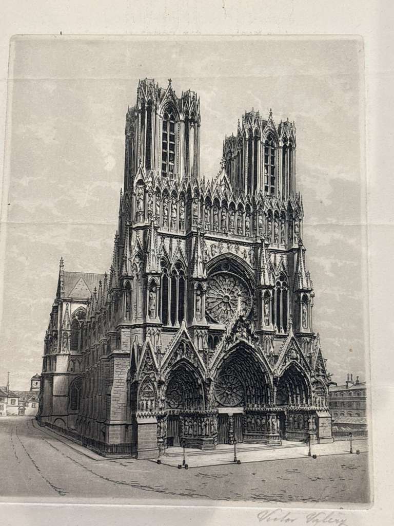 Victor Valery Lochelongue / Victor Valery (1870–1930) A Scholarly Pair of Monumental French Gothic & Parisian Architectural Etchings Including “Cathédrale de Reims” and “Paris – Le Pont de l’Archevêché” Circa 1905–1925