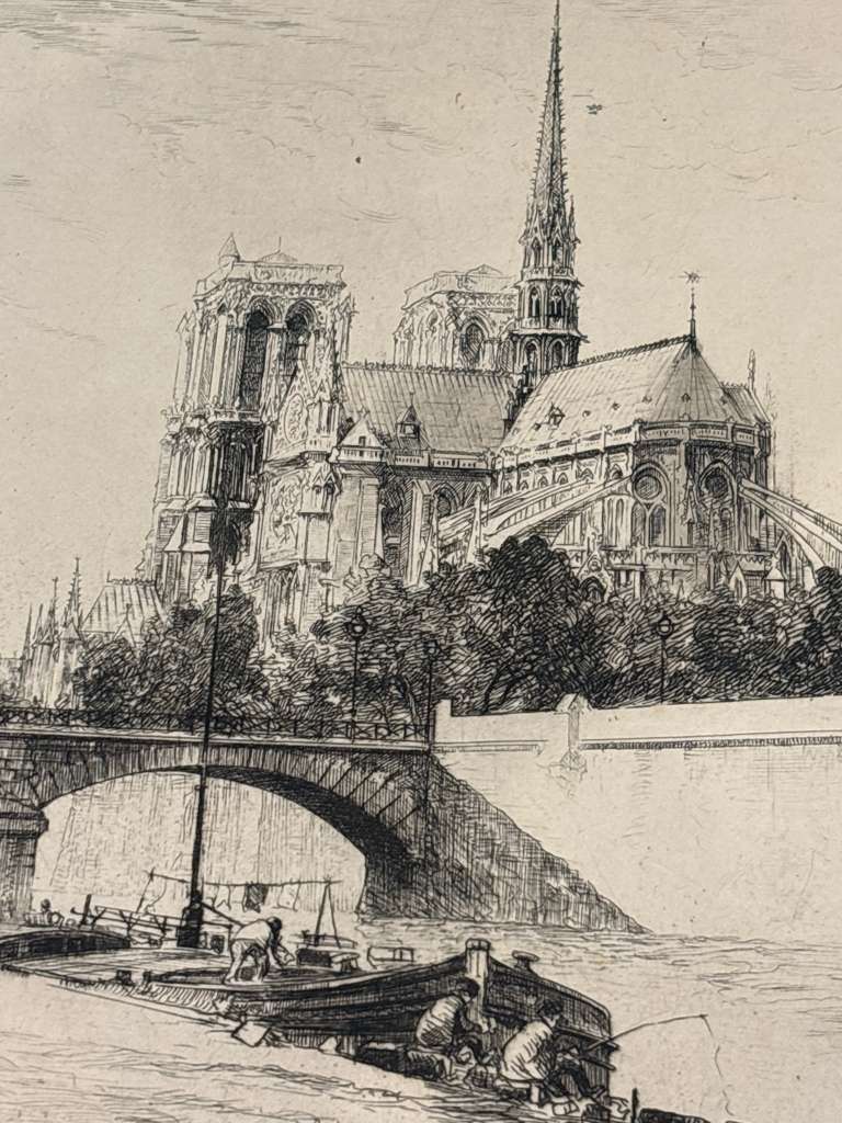 Victor Valery Lochelongue / Victor Valery (1870–1930) A Scholarly Pair of Monumental French Gothic & Parisian Architectural Etchings Including “Cathédrale de Reims” and “Paris – Le Pont de l’Archevêché” Circa 1905–1925