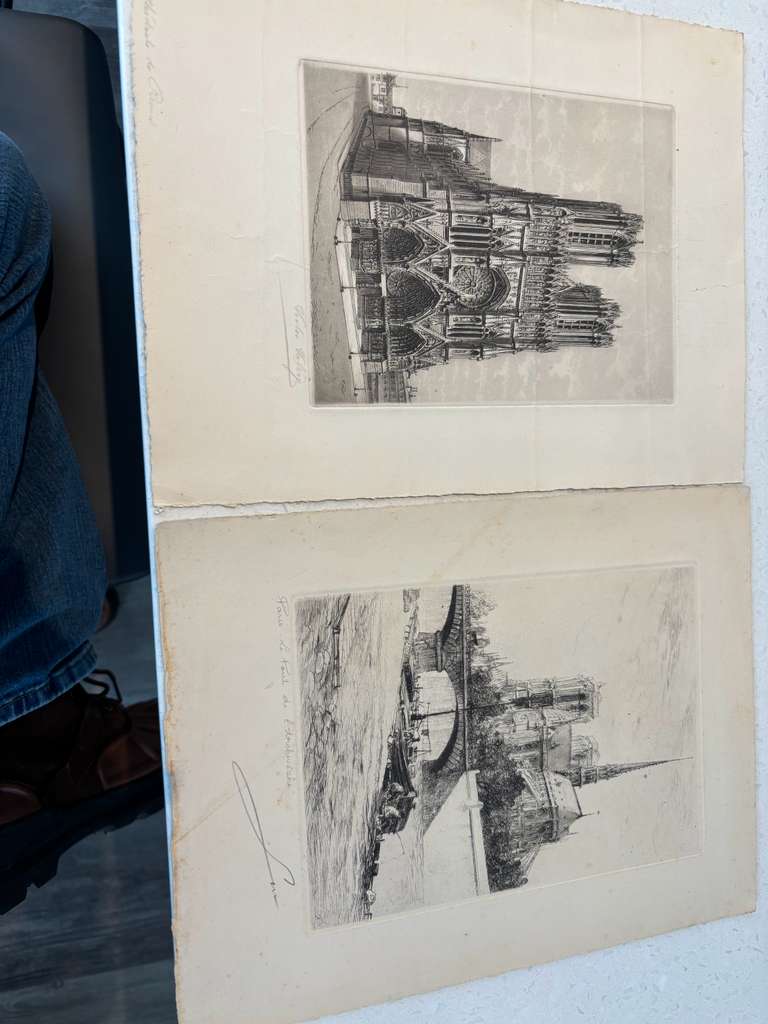 Victor Valery Lochelongue / Victor Valery (1870–1930) A Scholarly Pair of Monumental French Gothic & Parisian Architectural Etchings Including “Cathédrale de Reims” and “Paris – Le Pont de l’Archevêché” Circa 1905–1925