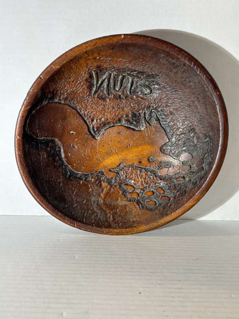 Dated American Folk Art Carved Treenware Nut Bowl, 1902