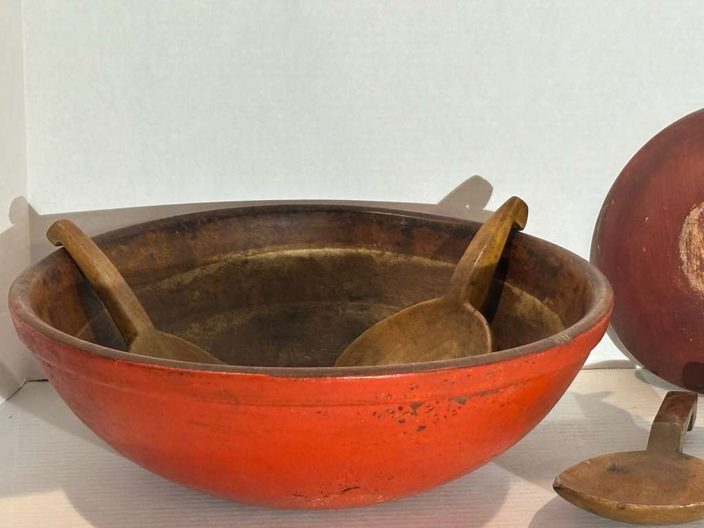 Collection of Early American Painted Treenware with Paddle Spoons 19th century