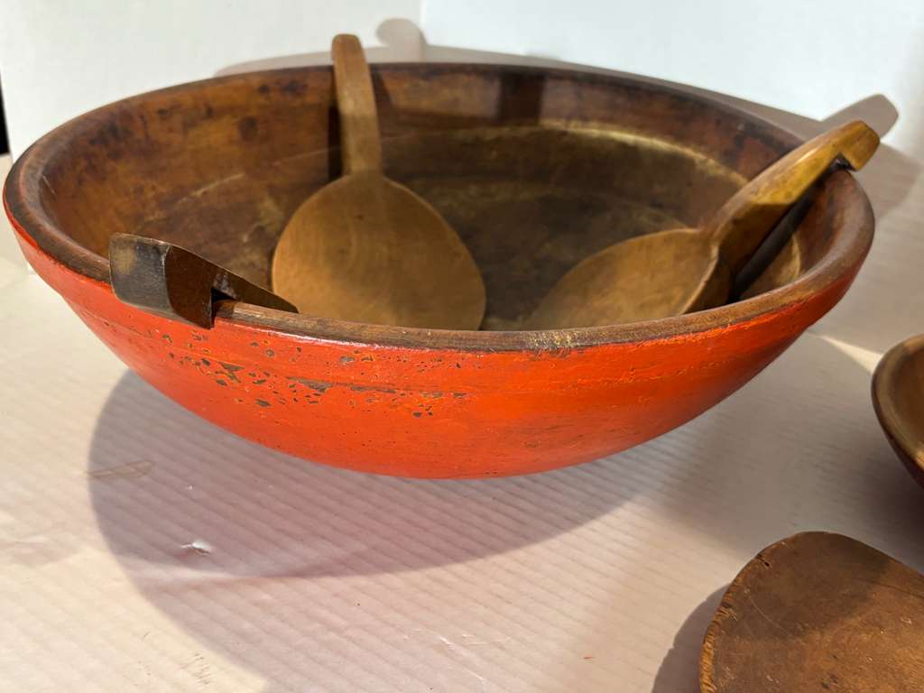 Collection of Early American Painted Treenware with Paddle Spoons 19th century