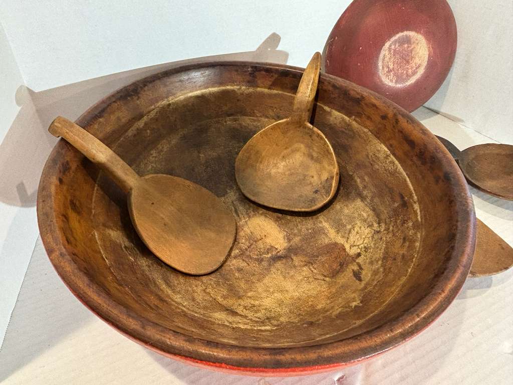 Collection of Early American Painted Treenware with Paddle Spoons 19th century