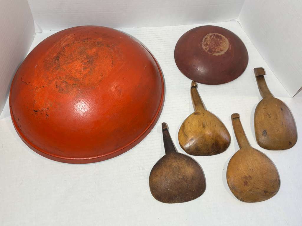 Collection of Early American Painted Treenware with Paddle Spoons 19th century