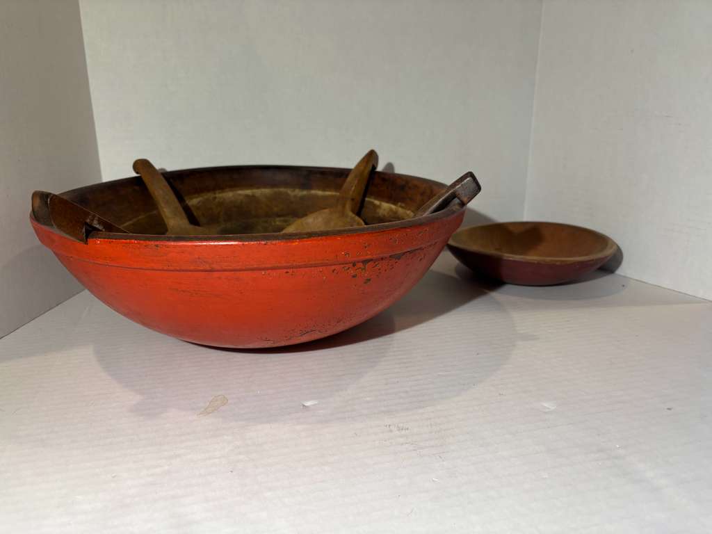 Collection of Early American Painted Treenware with Paddle Spoons 19th century