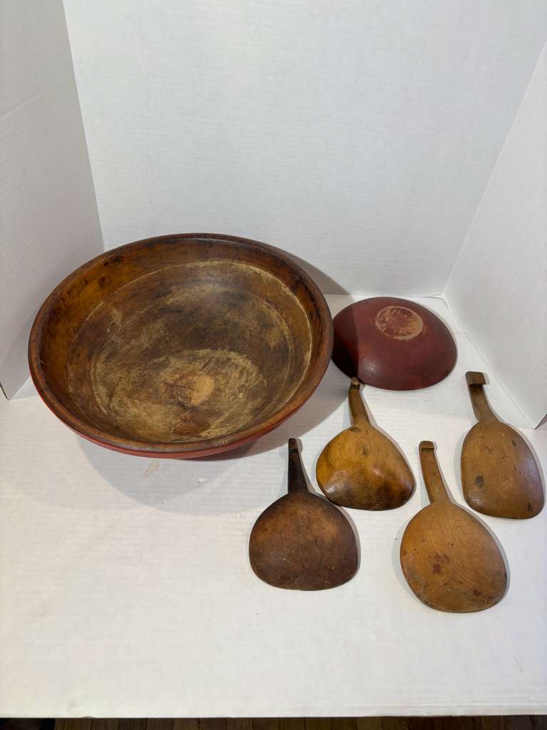 Collection of Early American Painted Treenware with Paddle Spoons 19th century