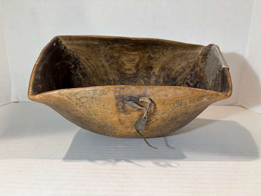 Hand-Carved Burlwood Utility Bowl with Rawhide and Tin Repairs Possibly Native American or Northeastern North American Folk Art, 19th Century