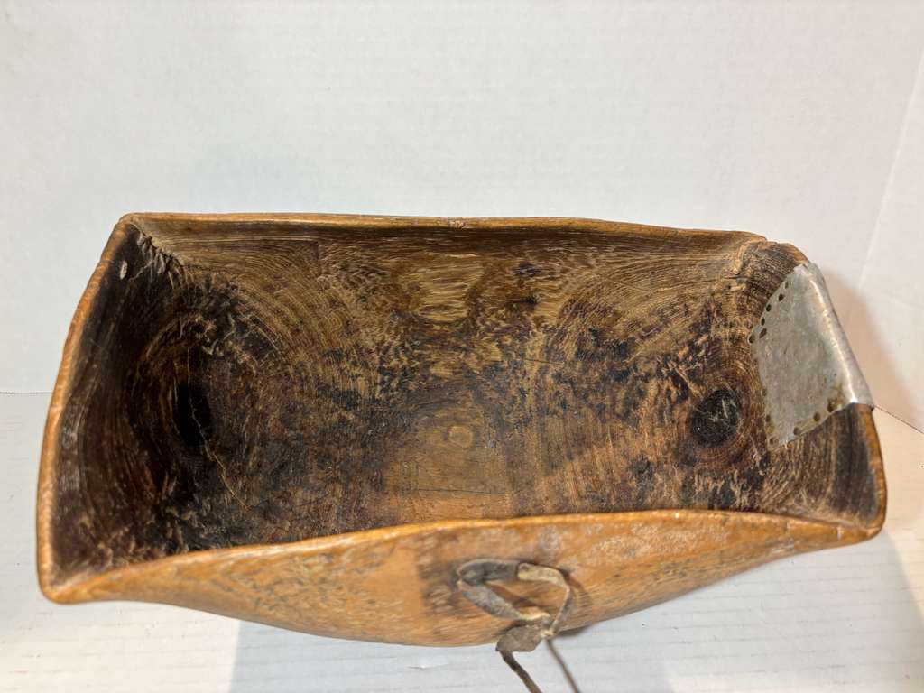 Hand-Carved Burlwood Utility Bowl with Rawhide and Tin Repairs Possibly Native American or Northeastern North American Folk Art, 19th Century