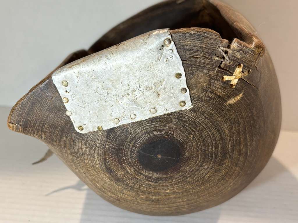 Hand-Carved Burlwood Utility Bowl with Rawhide and Tin Repairs Possibly Native American or Northeastern North American Folk Art, 19th Century