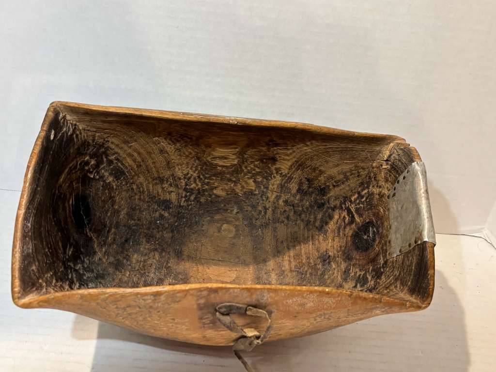 Hand-Carved Burlwood Utility Bowl with Rawhide and Tin Repairs Possibly Native American or Northeastern North American Folk Art, 19th Century