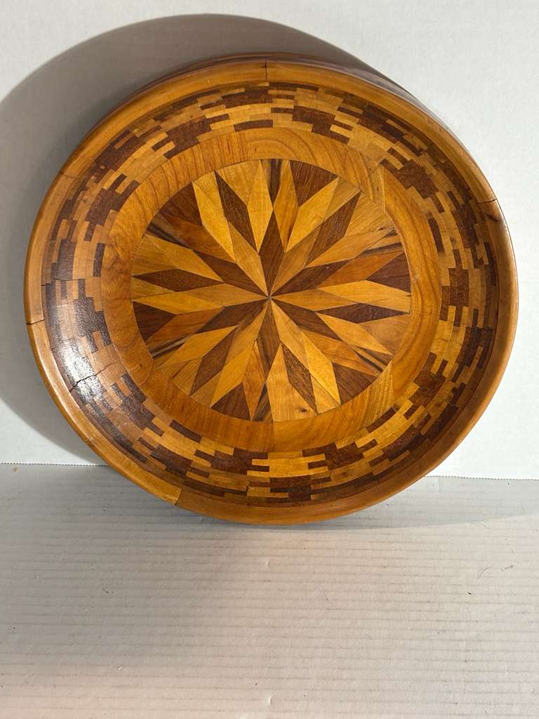 Mid-Century American Marquetry and Parquetry Wooden Charger Bowl Circa 1950–1970