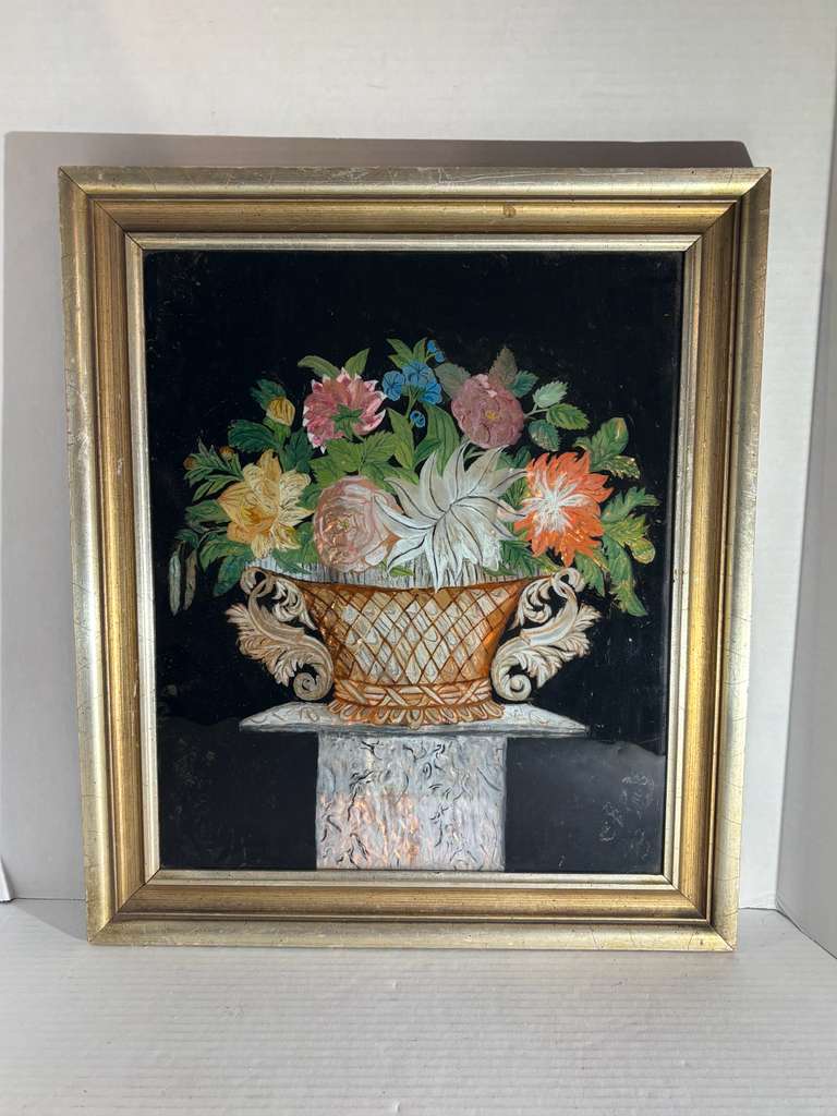 Early 19th Century American Reverse Glass Copper Tinsel Painting of Floral Urn