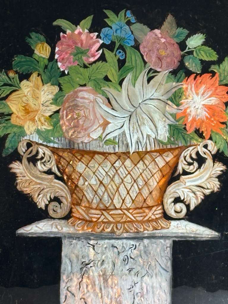 Early 19th Century American Reverse Glass Copper Tinsel Painting of Floral Urn